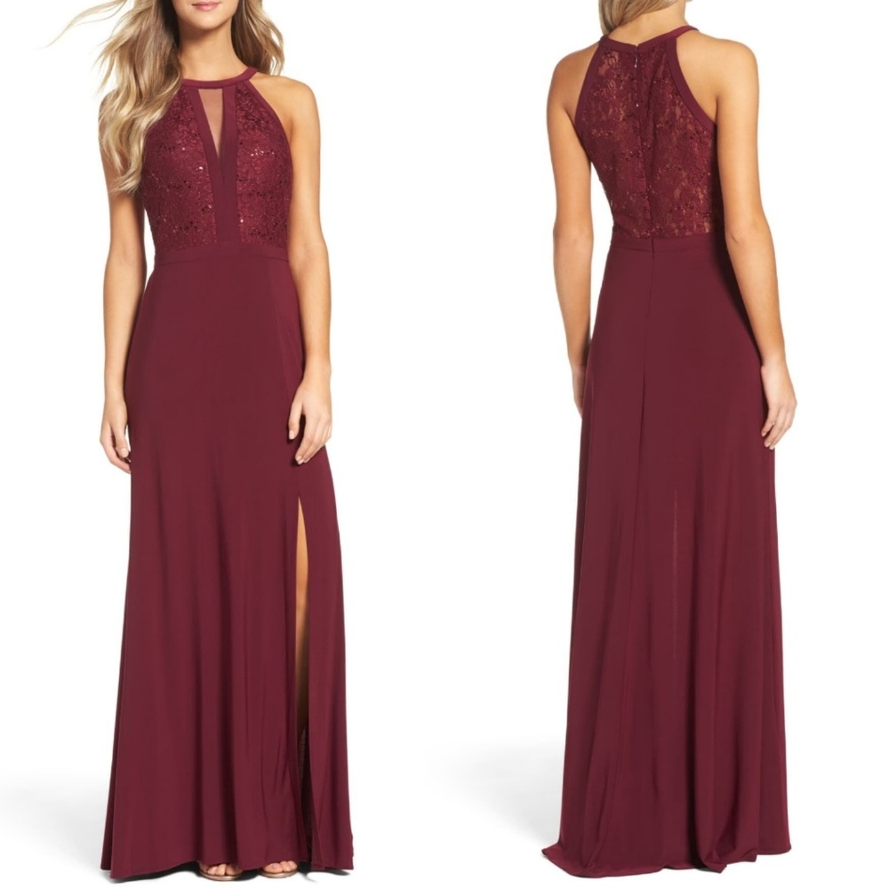 Morgan & Co. Burgundy Halter Lace Prom Dress